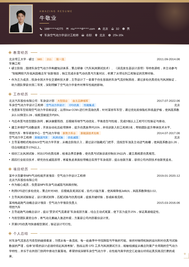 车身空气动力学设计工程师简历模板