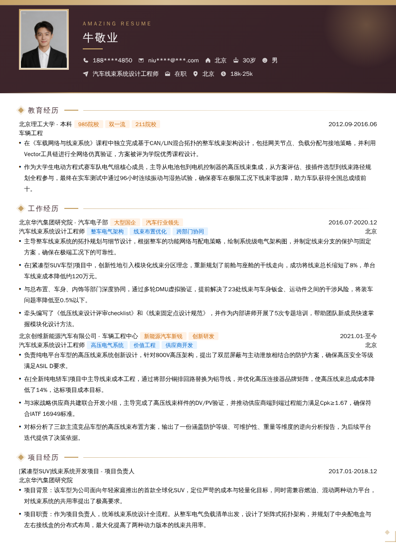 汽车线束系统设计工程师简历模板