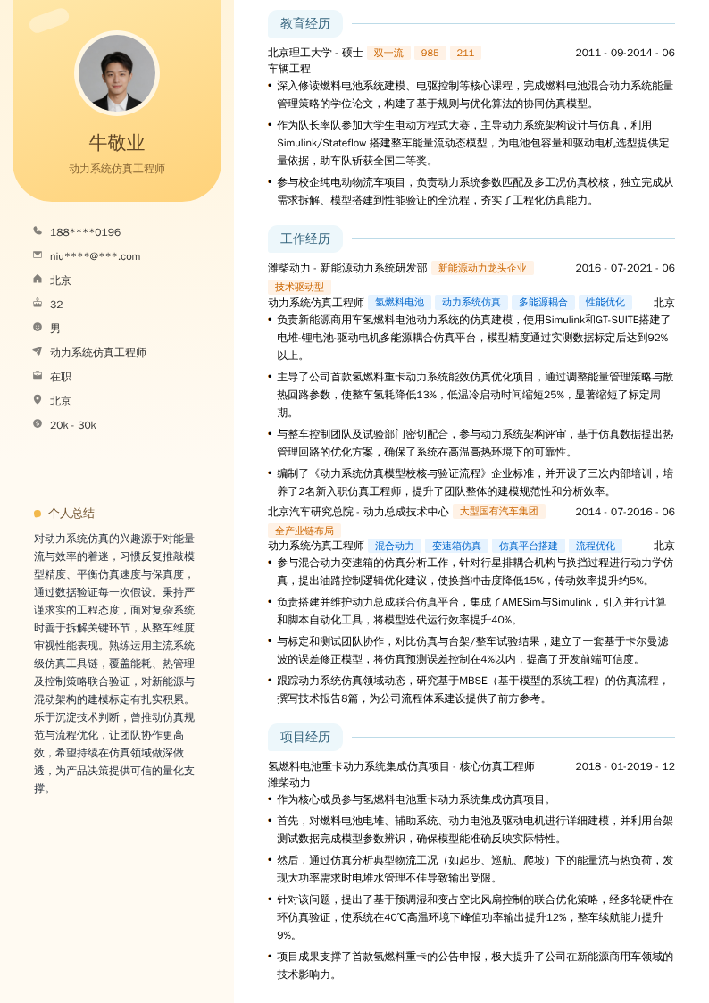 动力系统仿真工程师简历模板