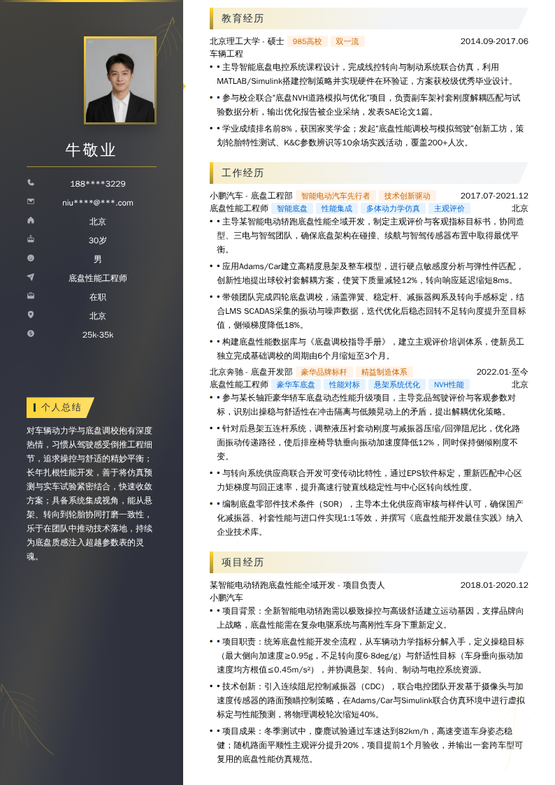 底盘性能工程师简历模板