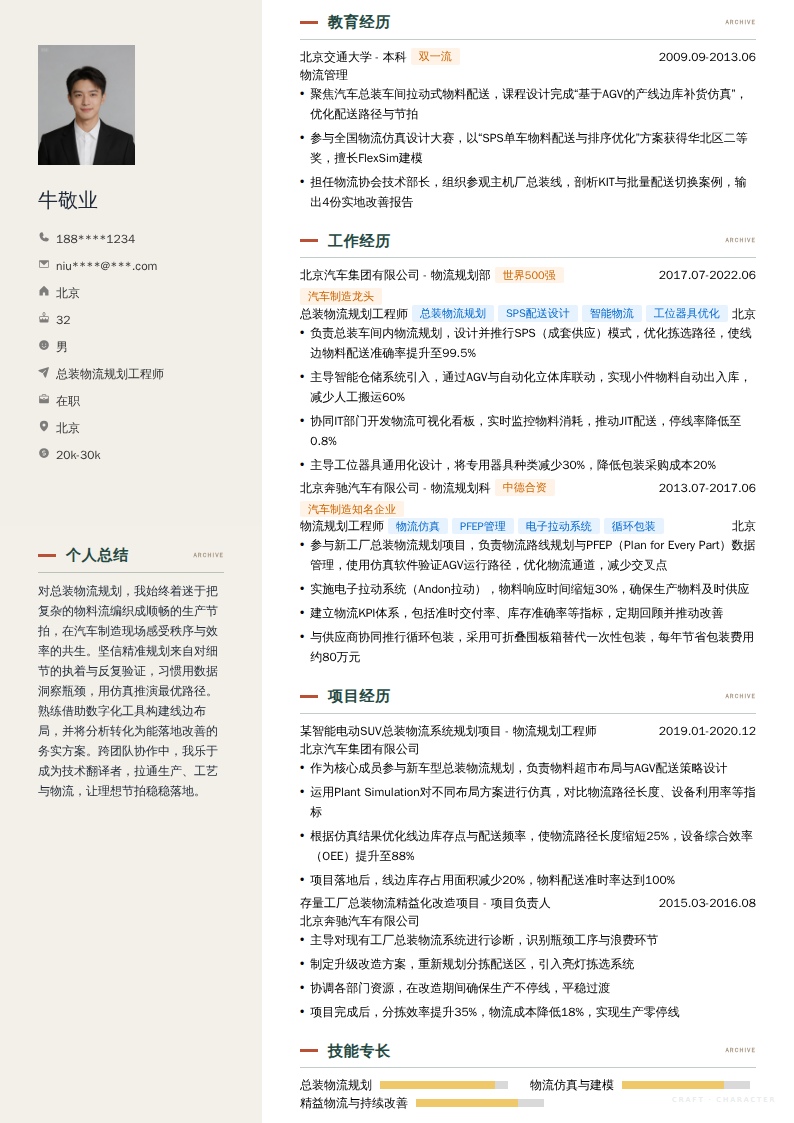 总装物流规划工程师简历模板
