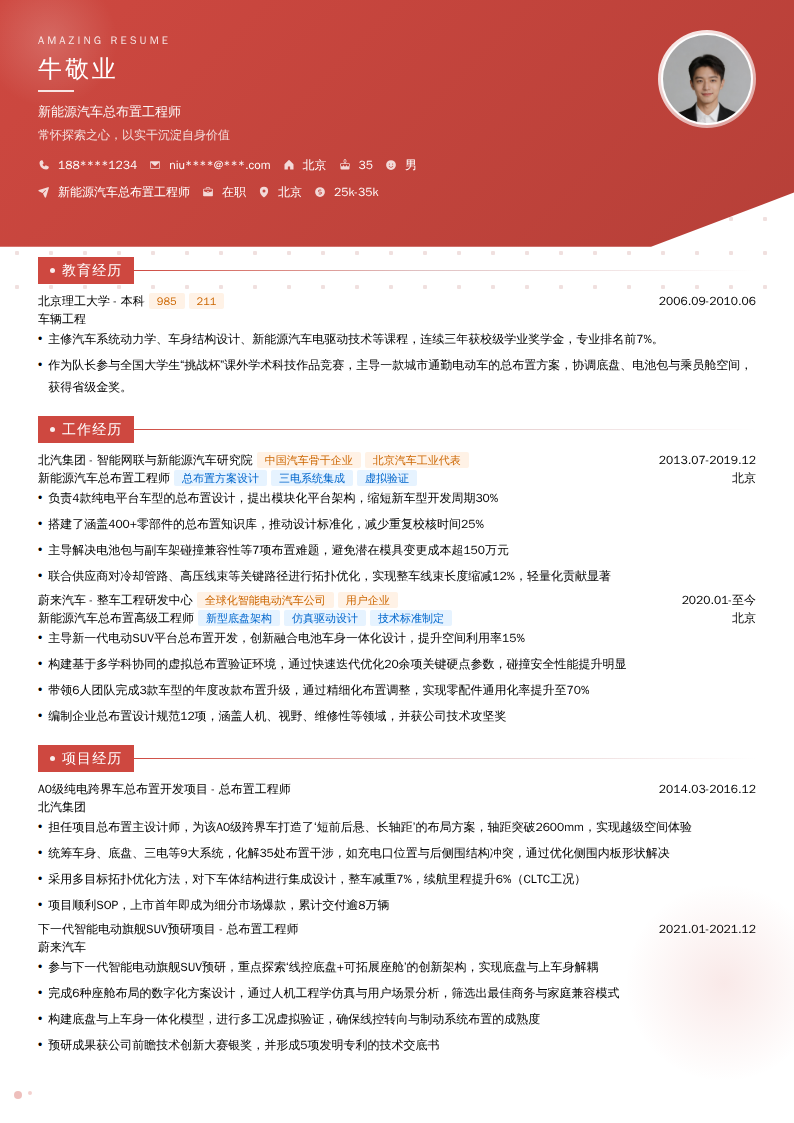 新能源汽车总布置工程师简历模板