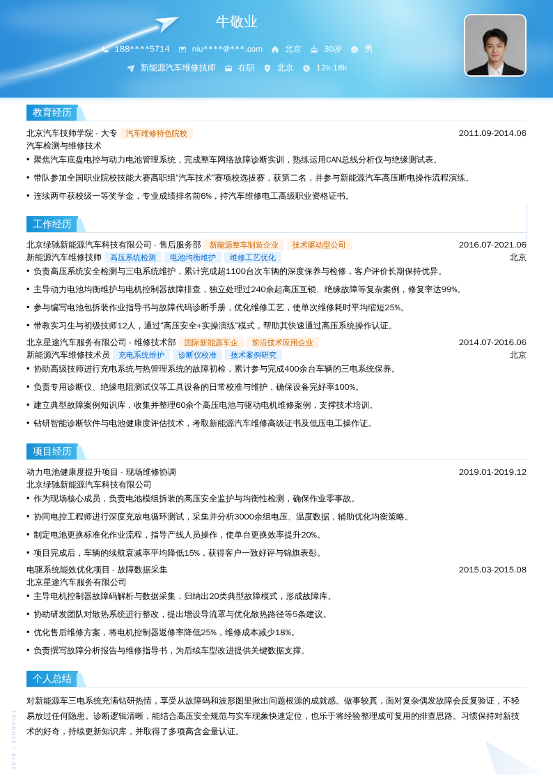 新能源汽车维修技师简历模板