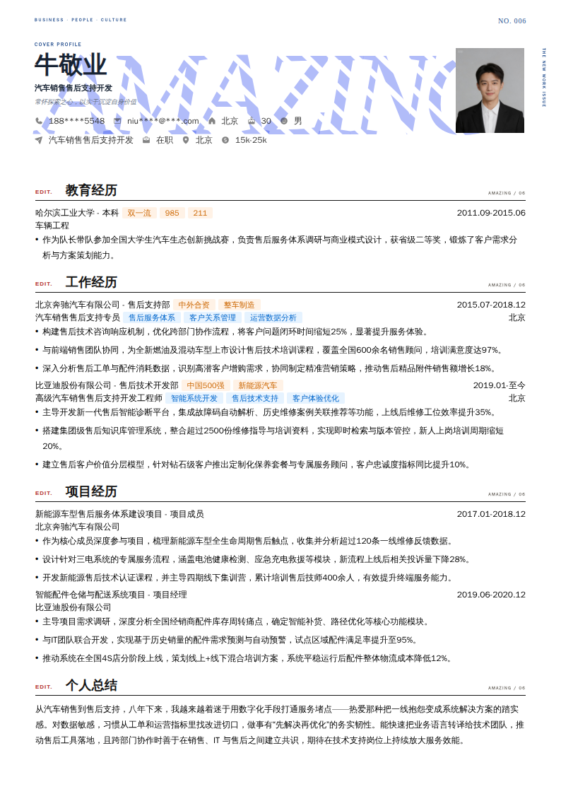 汽车销售售后支持开发简历模板