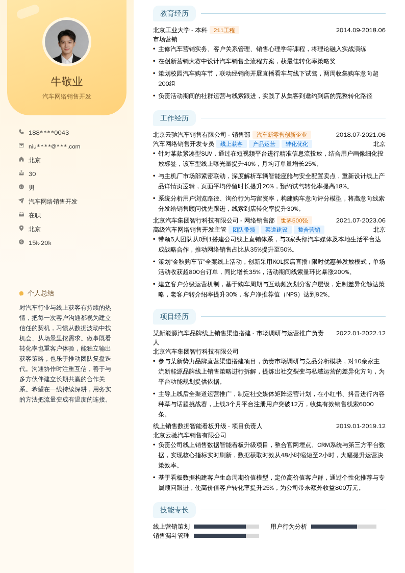汽车网络销售开发简历模板