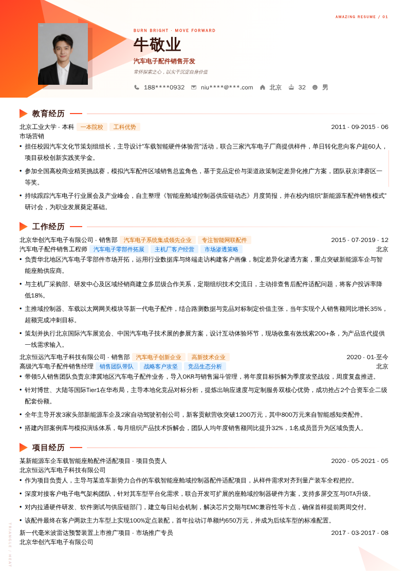 汽车电子配件销售开发简历模板