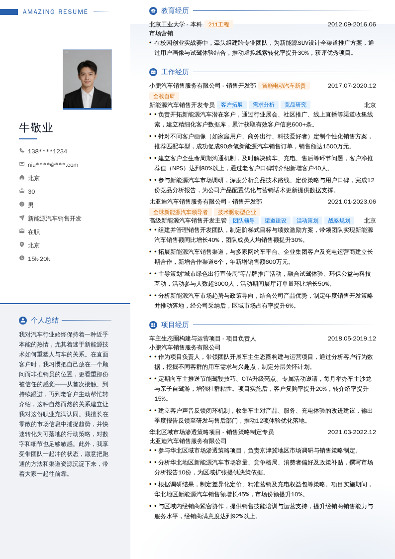 新能源汽车销售开发简历模板