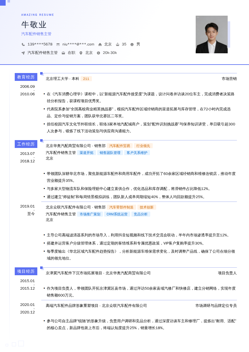 汽车配件销售主管简历模板