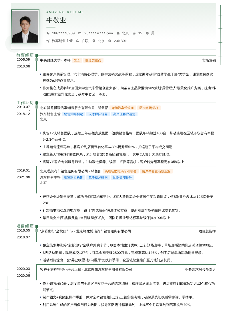 汽车销售主管简历模板