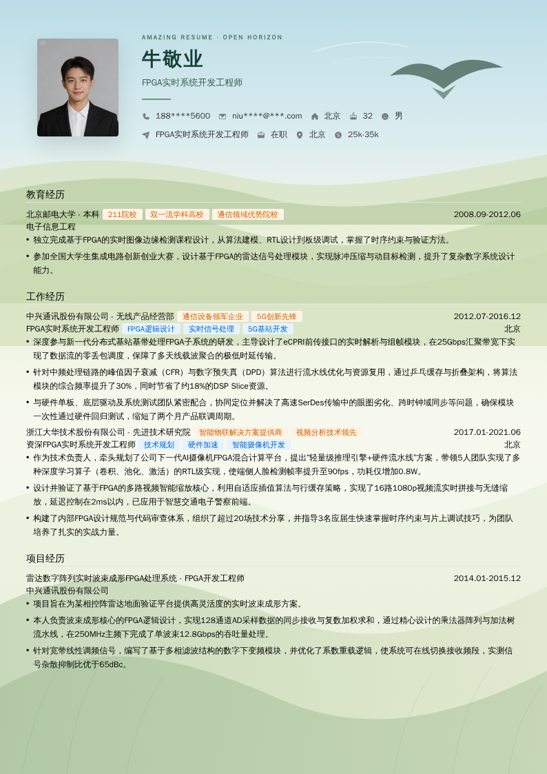 FPGA实时系统开发工程师简历模板