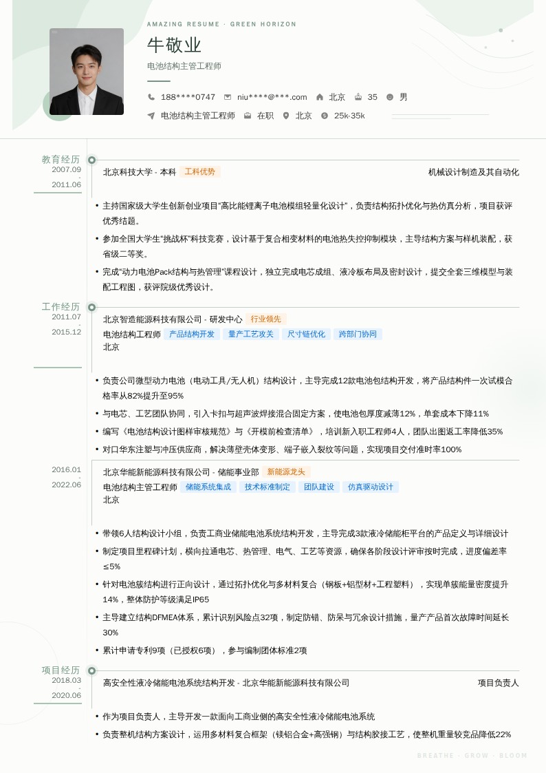 电池结构主管工程师简历模板