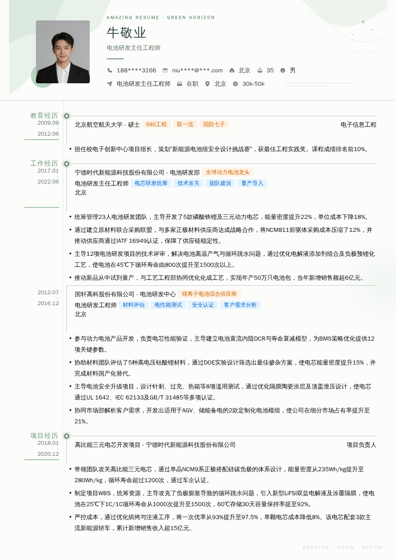 电池研发主任工程师简历模板