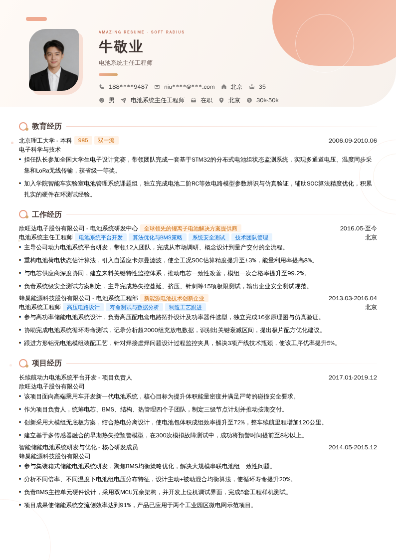 电池系统主任工程师简历模板