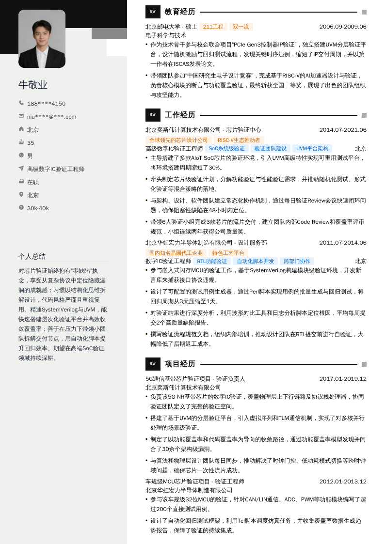 高级数字IC验证工程师简历模板