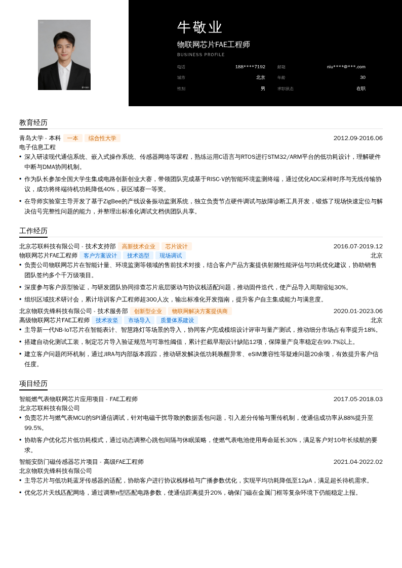 物联网芯片FAE工程师简历模板