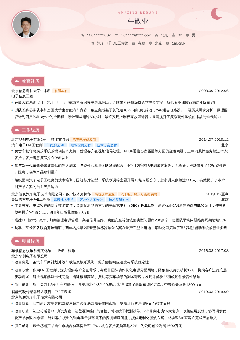 汽车电子FAE工程师简历模板