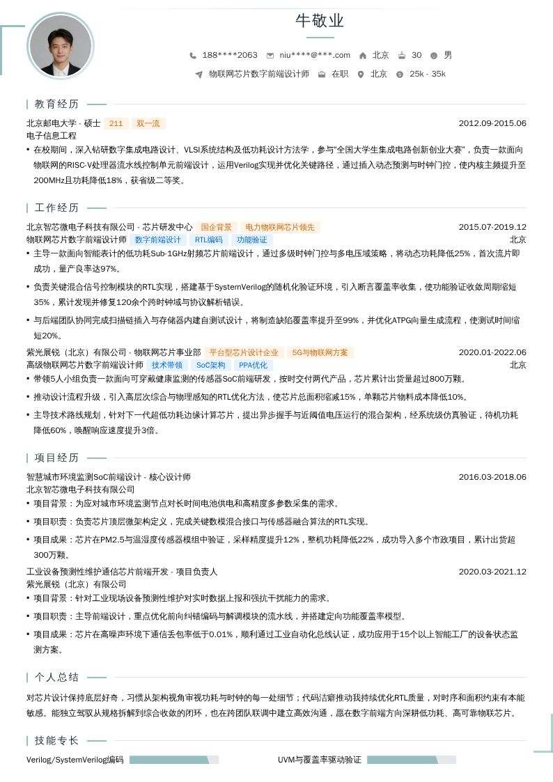 物联网芯片数字前端设计师简历模板