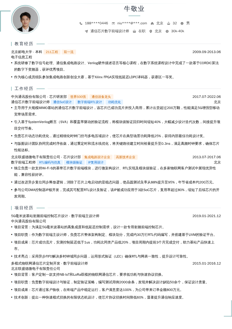 通信芯片数字前端设计师简历模板