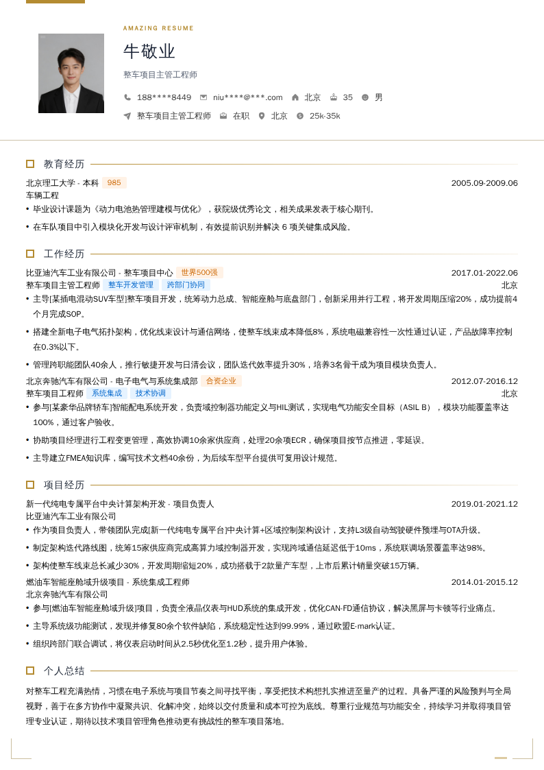 整车项目主管工程师简历模板
