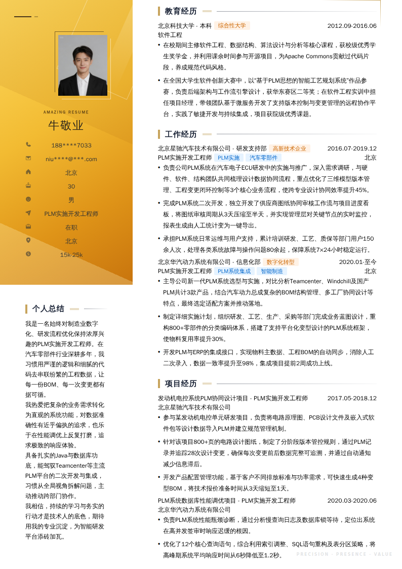 PLM实施开发工程师简历模板
