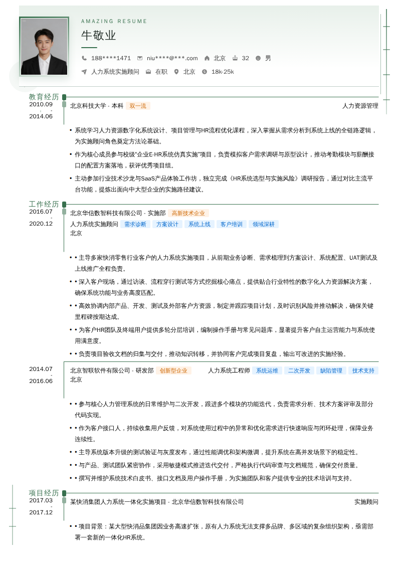 人力系统实施顾问简历模板