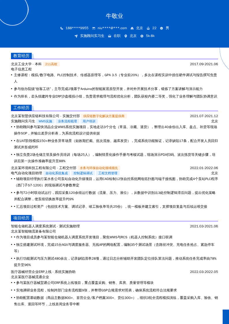 实施顾问实习生简历模板