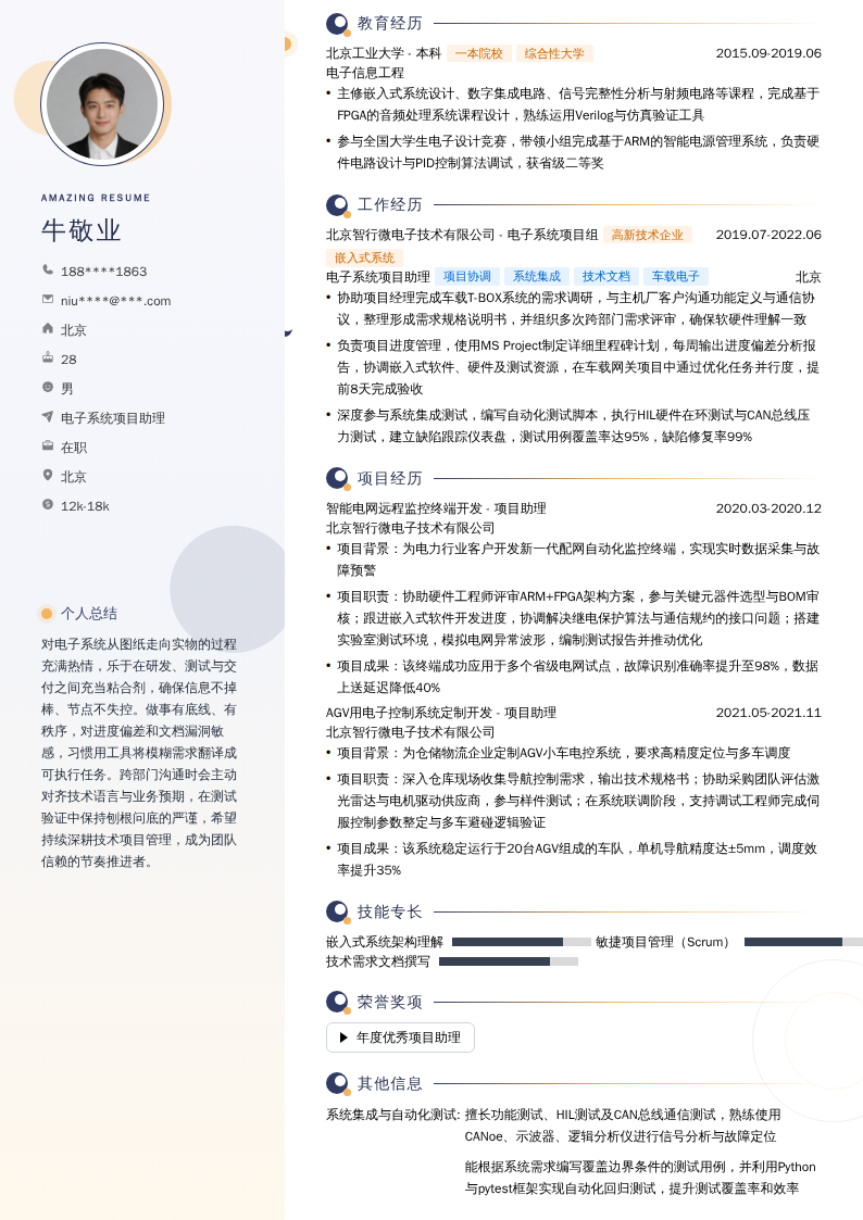 电子系统项目助理简历模板