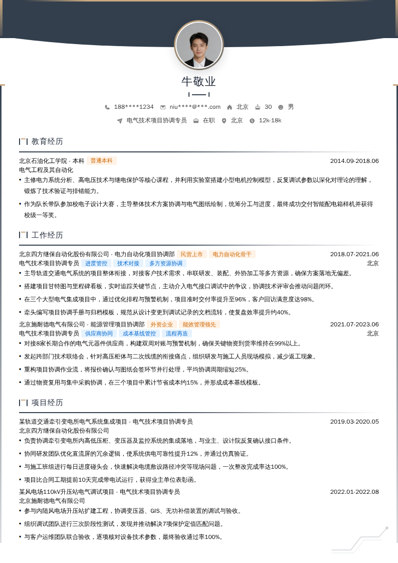 电气技术项目协调专员简历模板