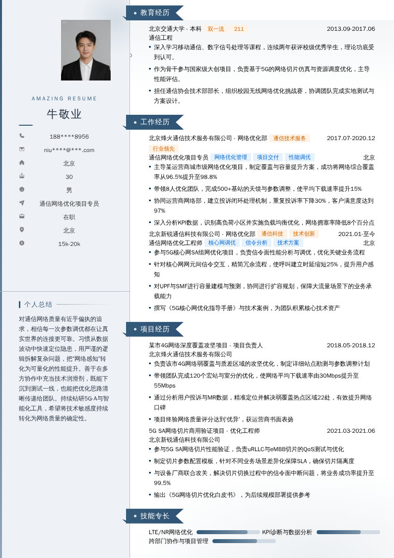 通信网络优化项目专员简历模板