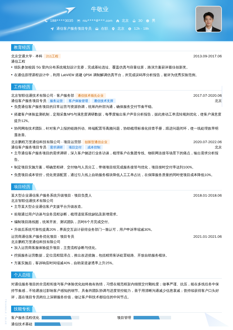 通信客户服务项目专员简历模板