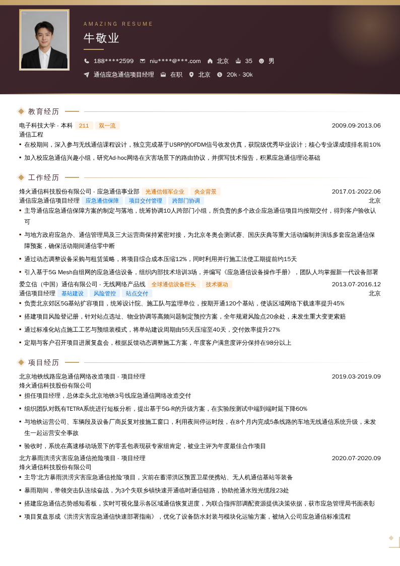 通信应急通信项目经理简历模板