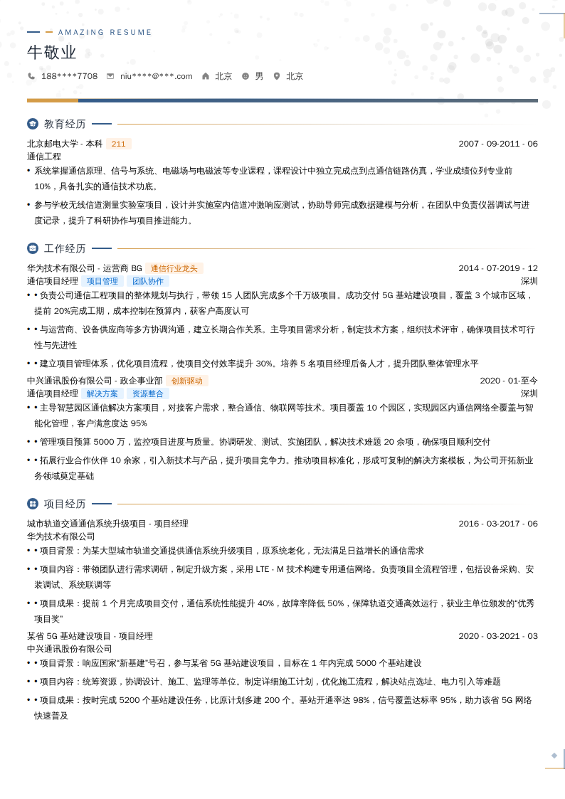 通信项目经理简历模板