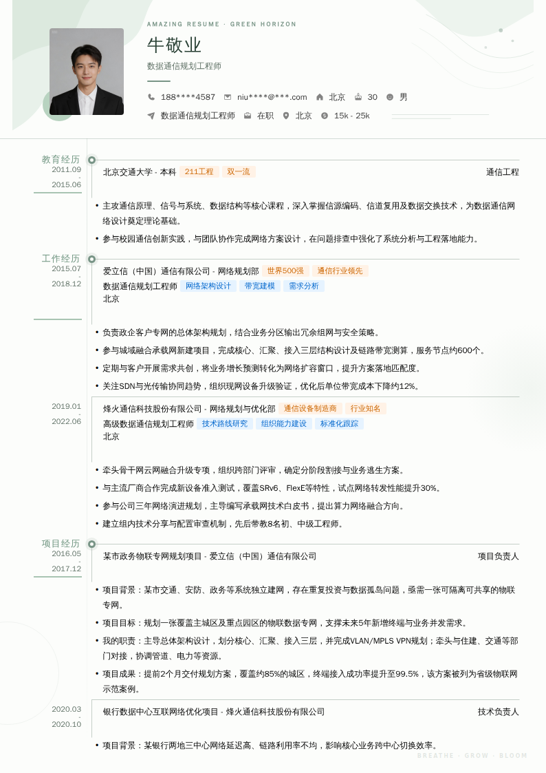 数据通信规划工程师简历模板