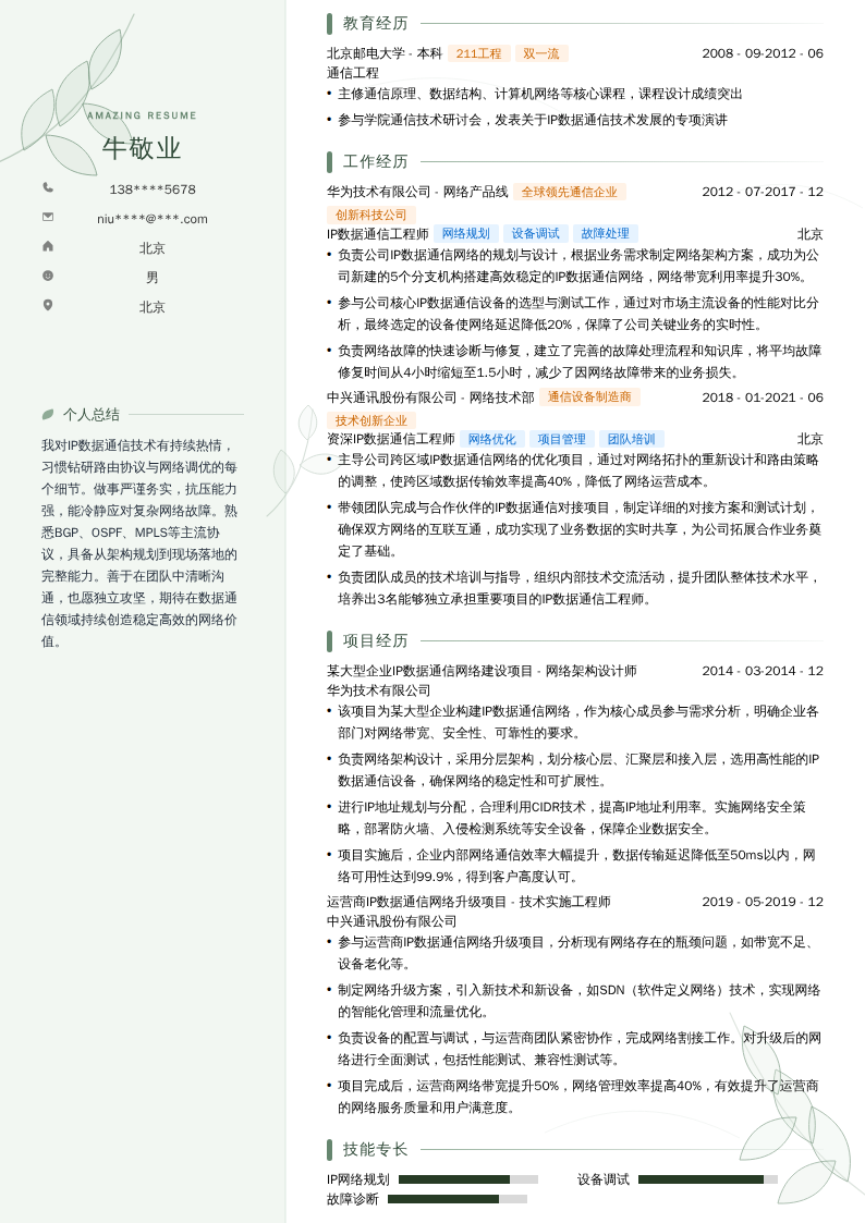 IP数据通信工程师简历模板