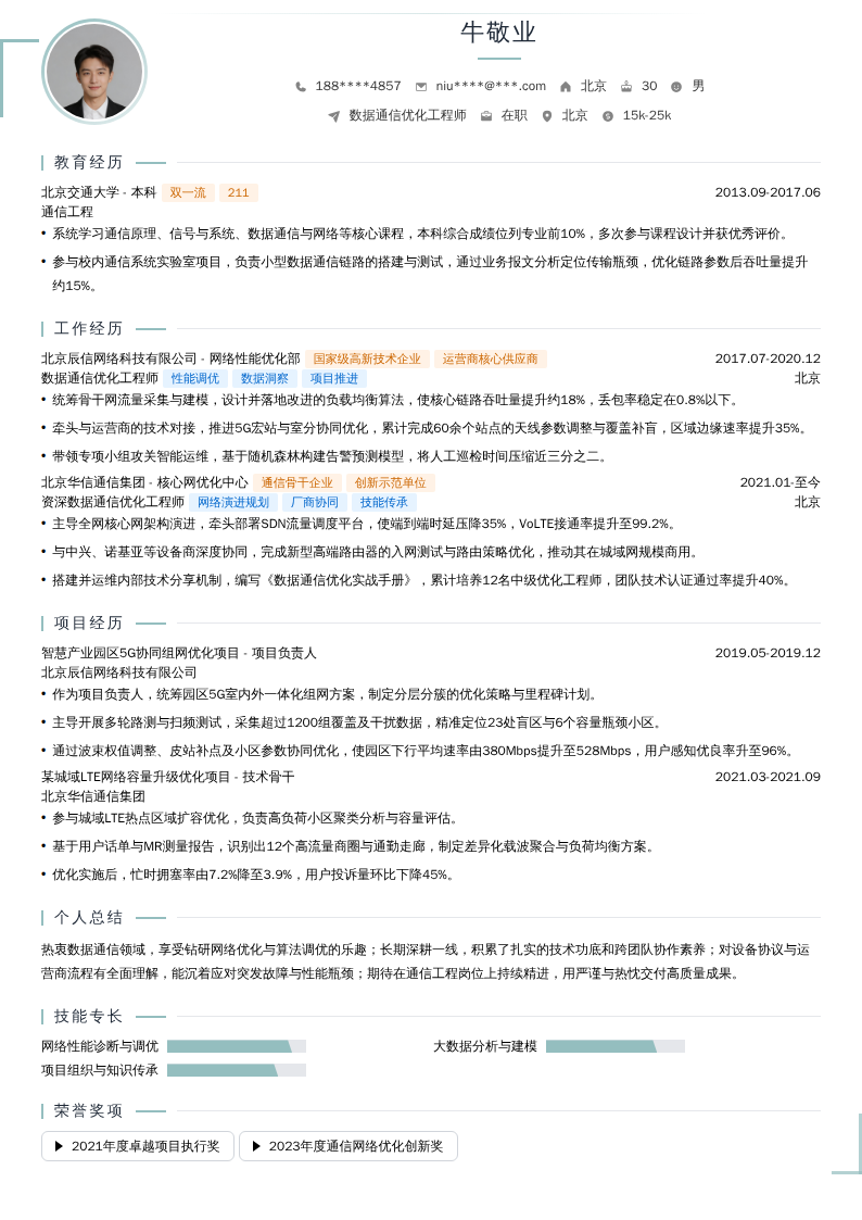 数据通信优化工程师简历模板