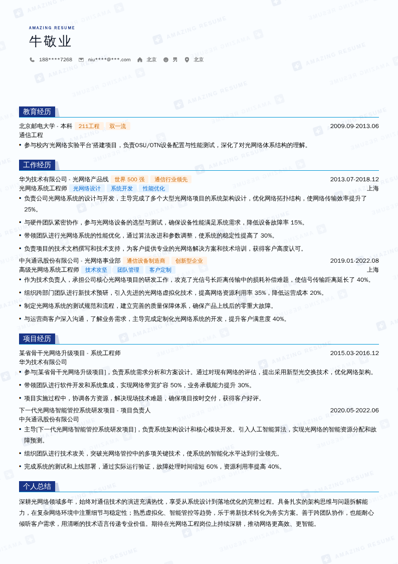 光网络系统工程师简历模板