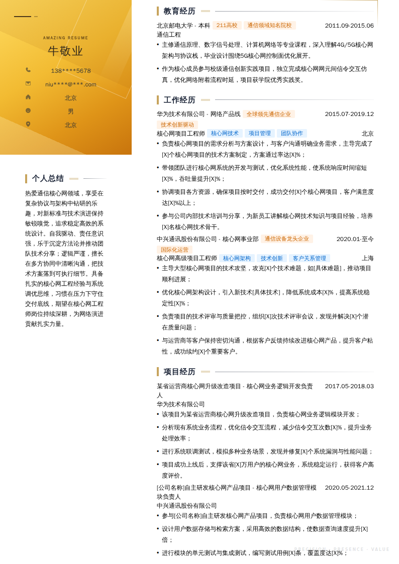 核心网项目工程师简历模板