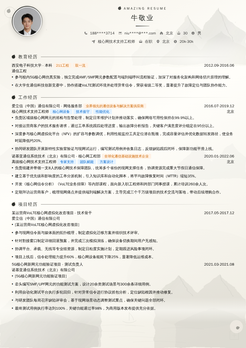 核心网技术支持工程师简历模板