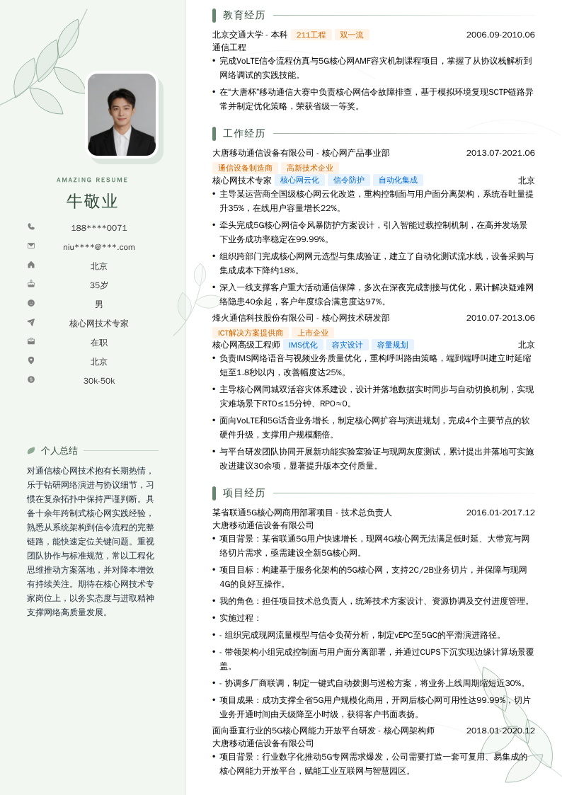 核心网技术专家简历模板