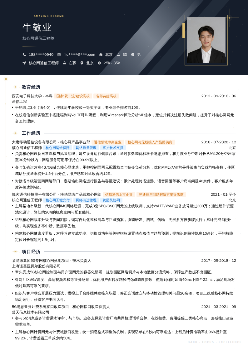 核心网通信工程师简历模板