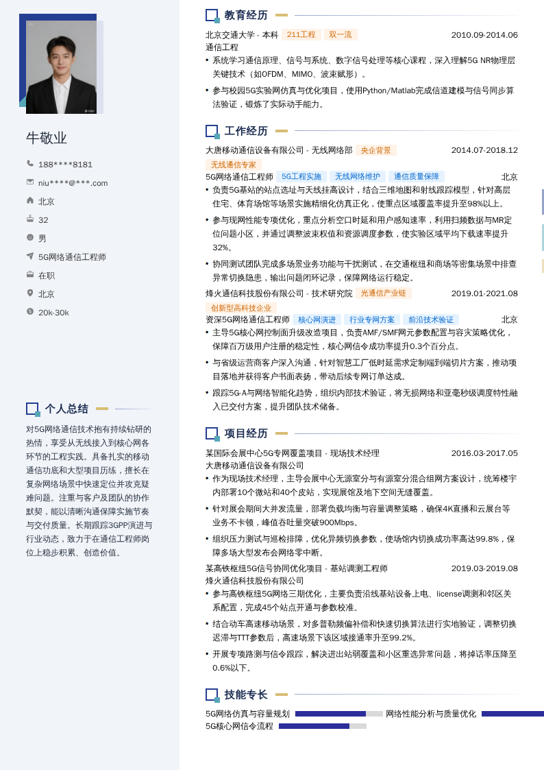 5G网络通信工程师简历模板