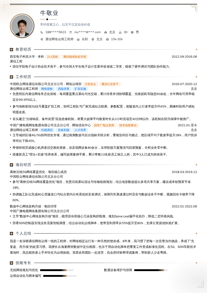 通信网络运维工程师简历模板