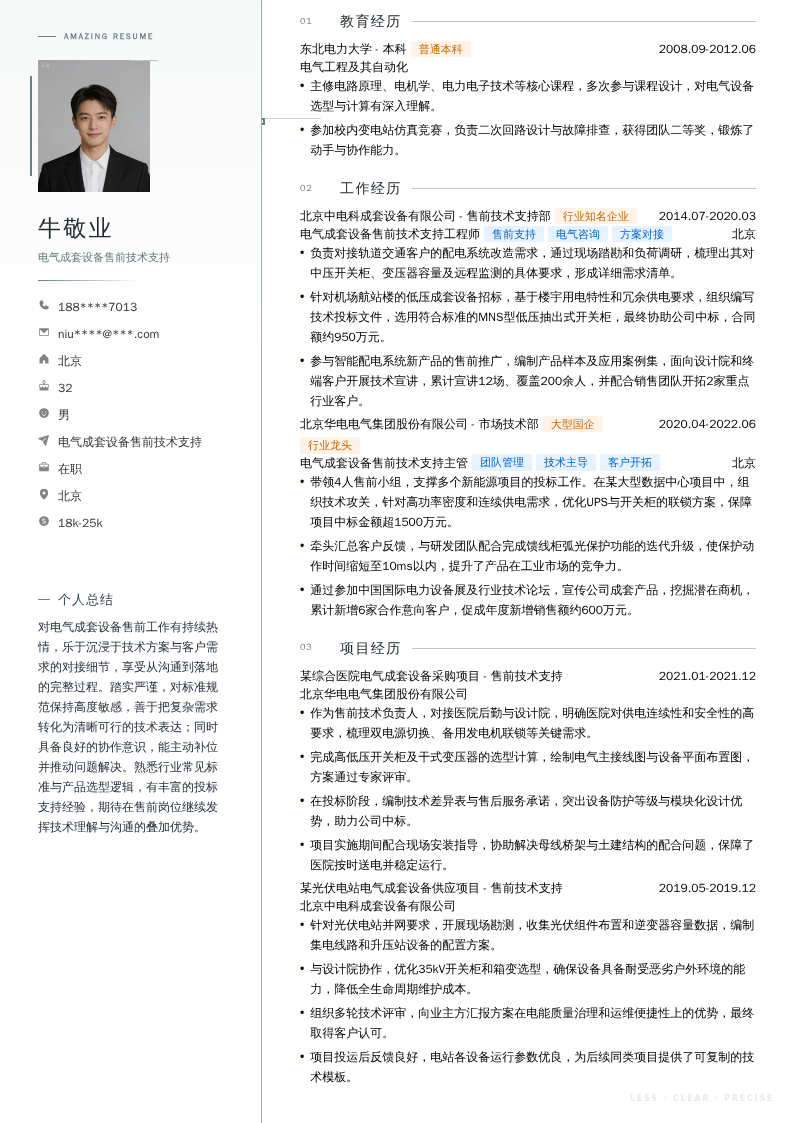 电气成套设备售前技术支持简历模板