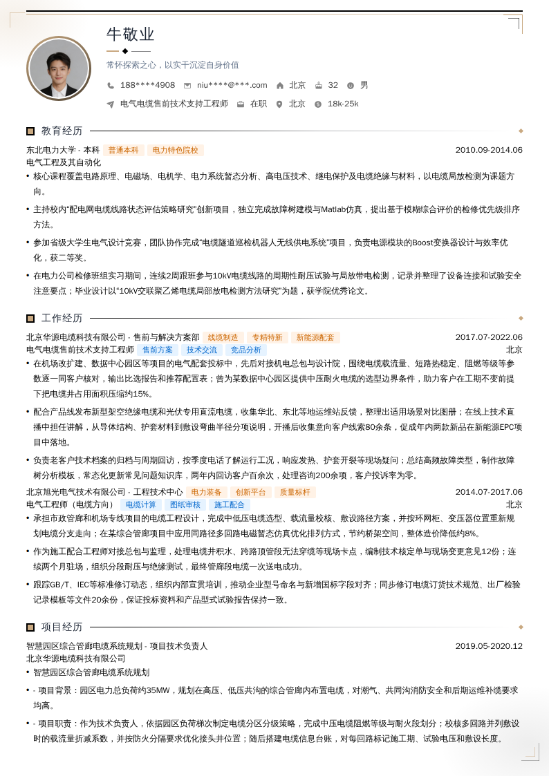 电气电缆售前技术支持工程师简历模板