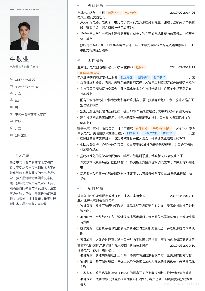 电气开关售前技术支持简历模板