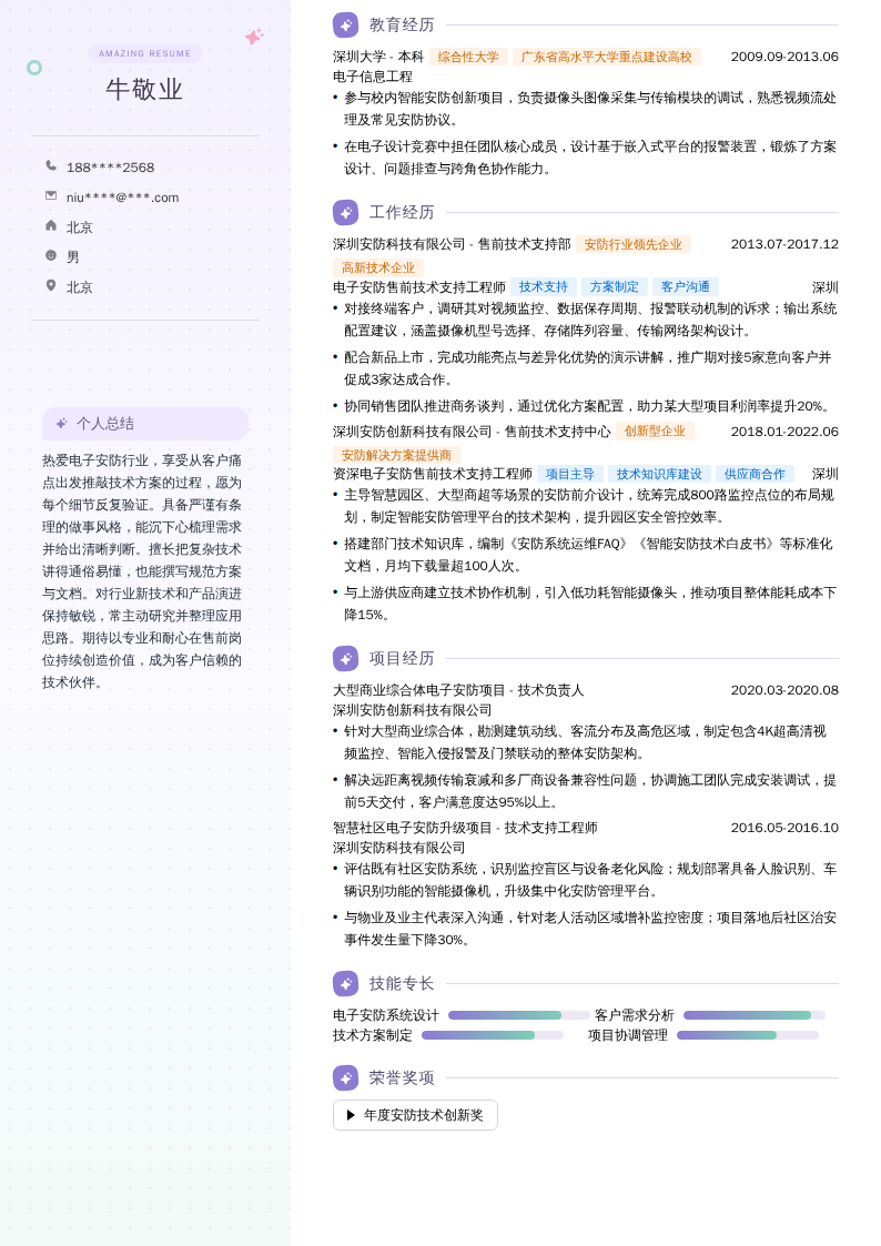 电子安防售前技术支持简历模板
