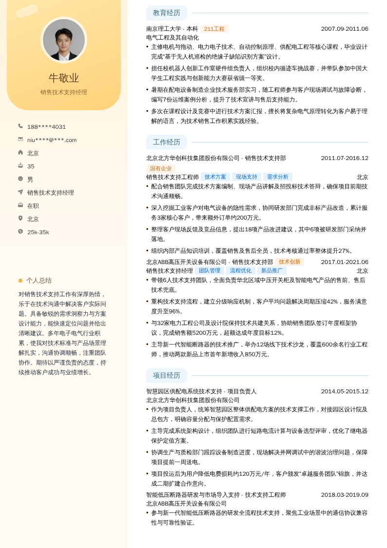 销售技术支持经理简历模板