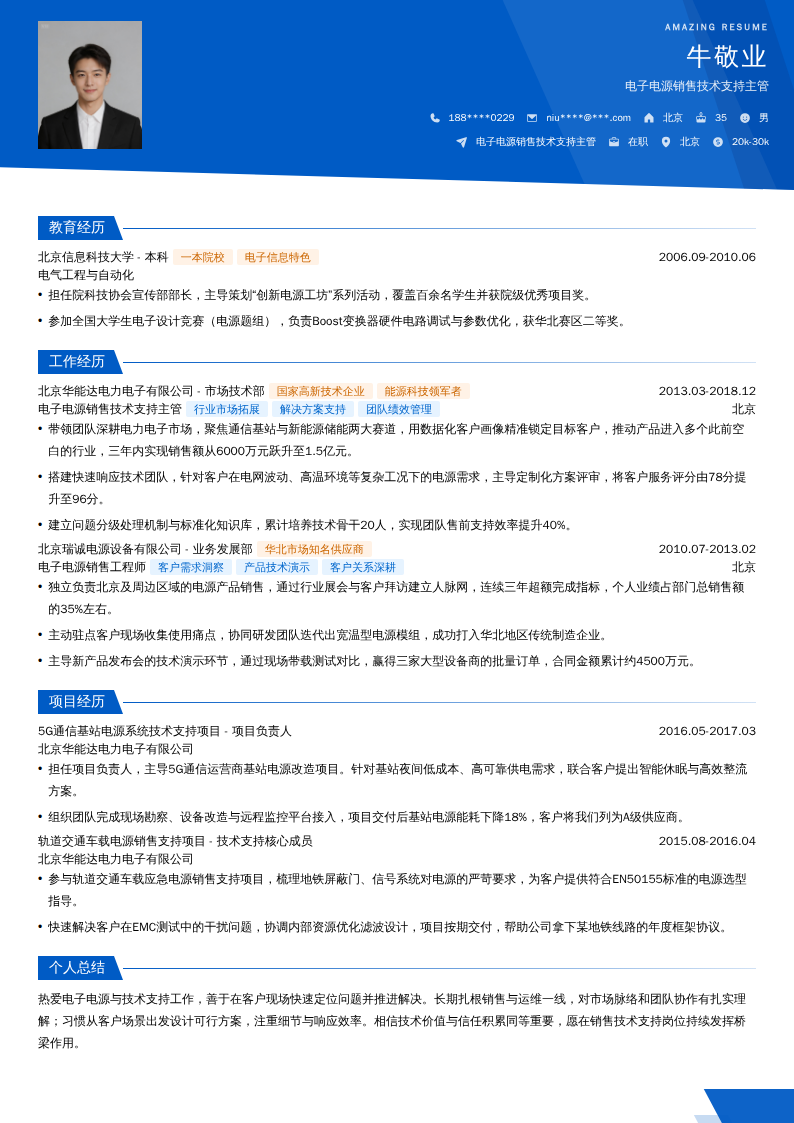 电子电源销售技术支持主管简历模板