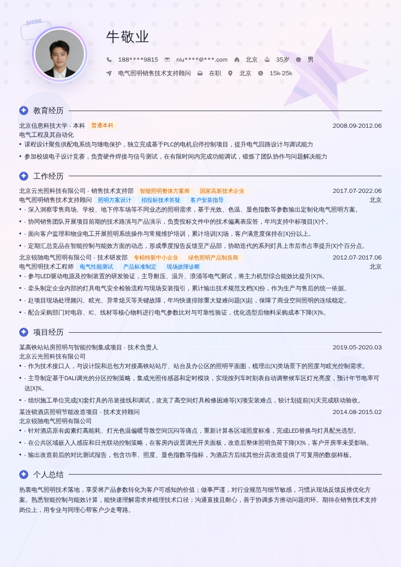 电气照明销售技术支持顾问简历模板