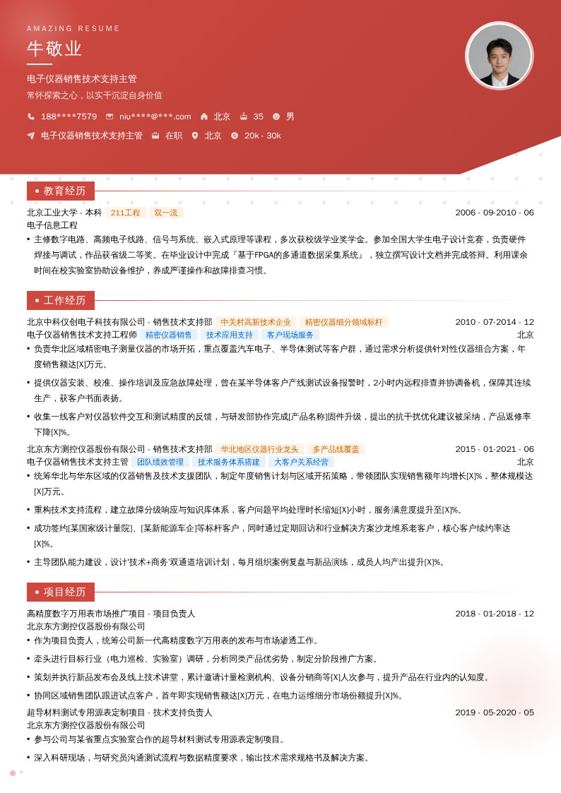 电子仪器销售技术支持主管简历模板